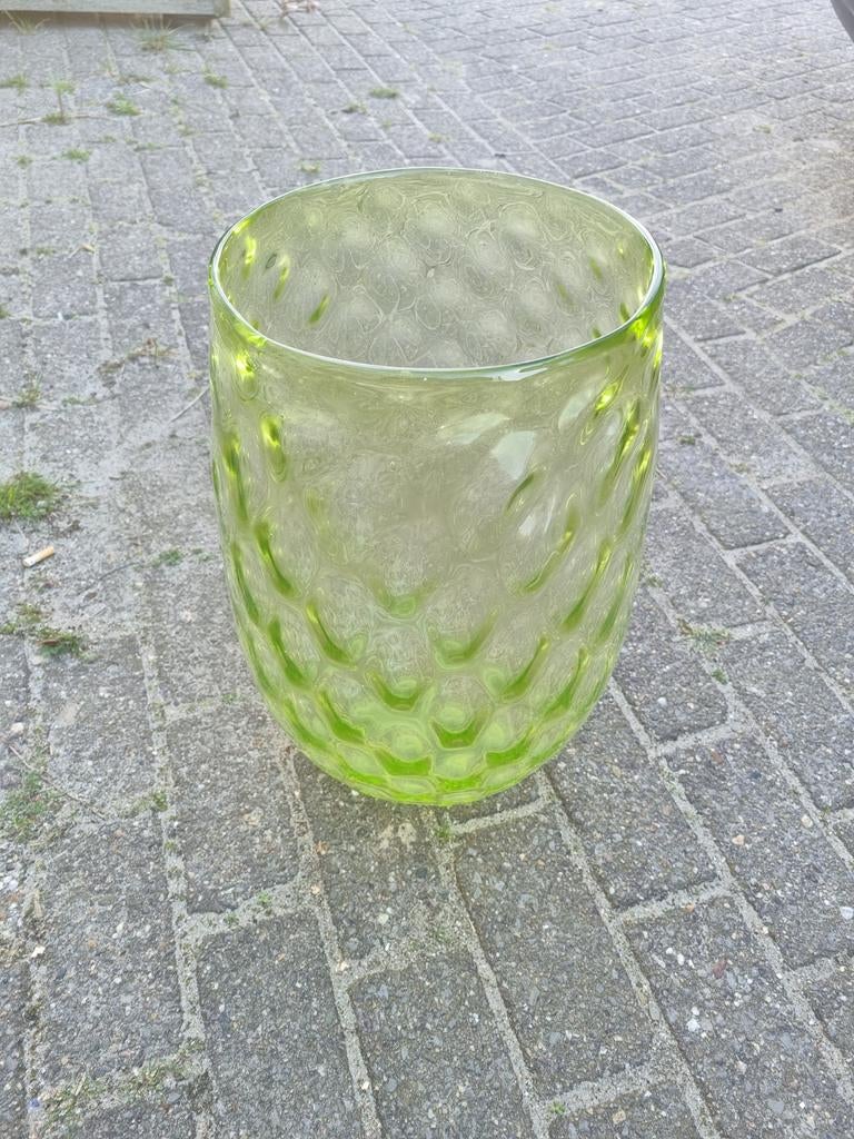 Grote groene glazen vaas/pot met bubbelpatroon, Antiek en Kunst, Ophalen