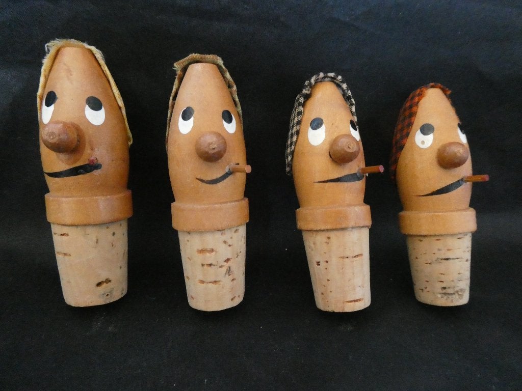 Vintage flessenstoppers gesneden houten hoofden met kurken, Ophalen of Verzenden, Huis en Inrichting