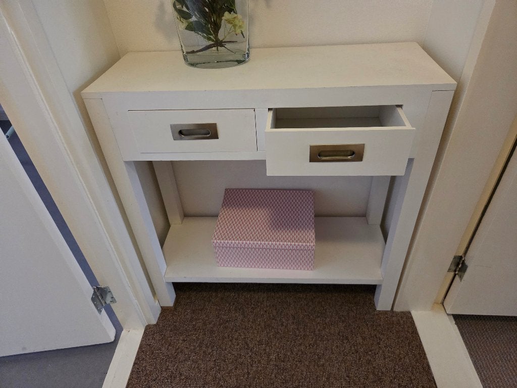 Witte console tafel met lades en opbergruimte, Huis en Inrichting, Tafels | Sidetables, Ophalen, Gebruikt, 50 tot 100 cm, 25 tot 50 cm
