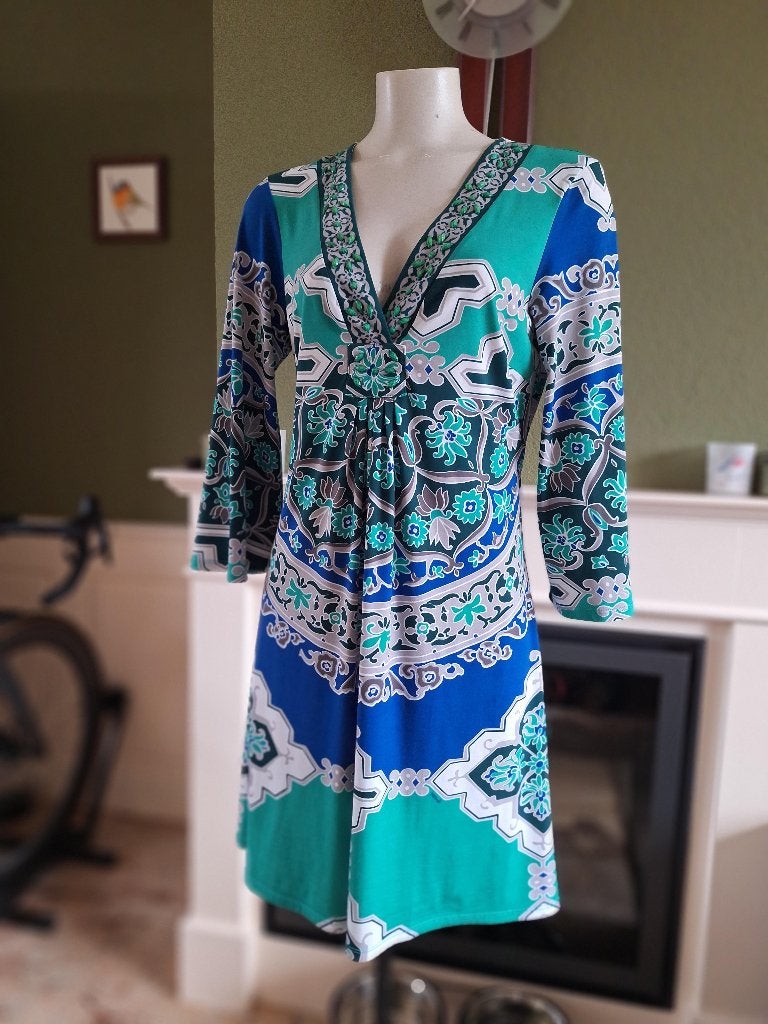 Hale Bob schitterende groen blauw grijs jurk M 38, Maat 38/40 (M), Zo goed als nieuw, Knielengte, Hale Bob