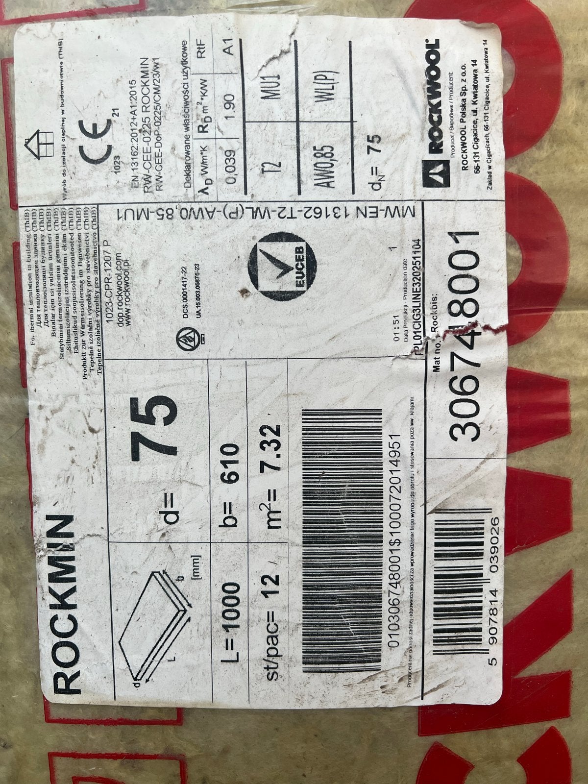 4 pakken Rockwool isolatie 1000x610x75mm, Ophalen, 4 tot 8 cm, Nieuw, Steenwol