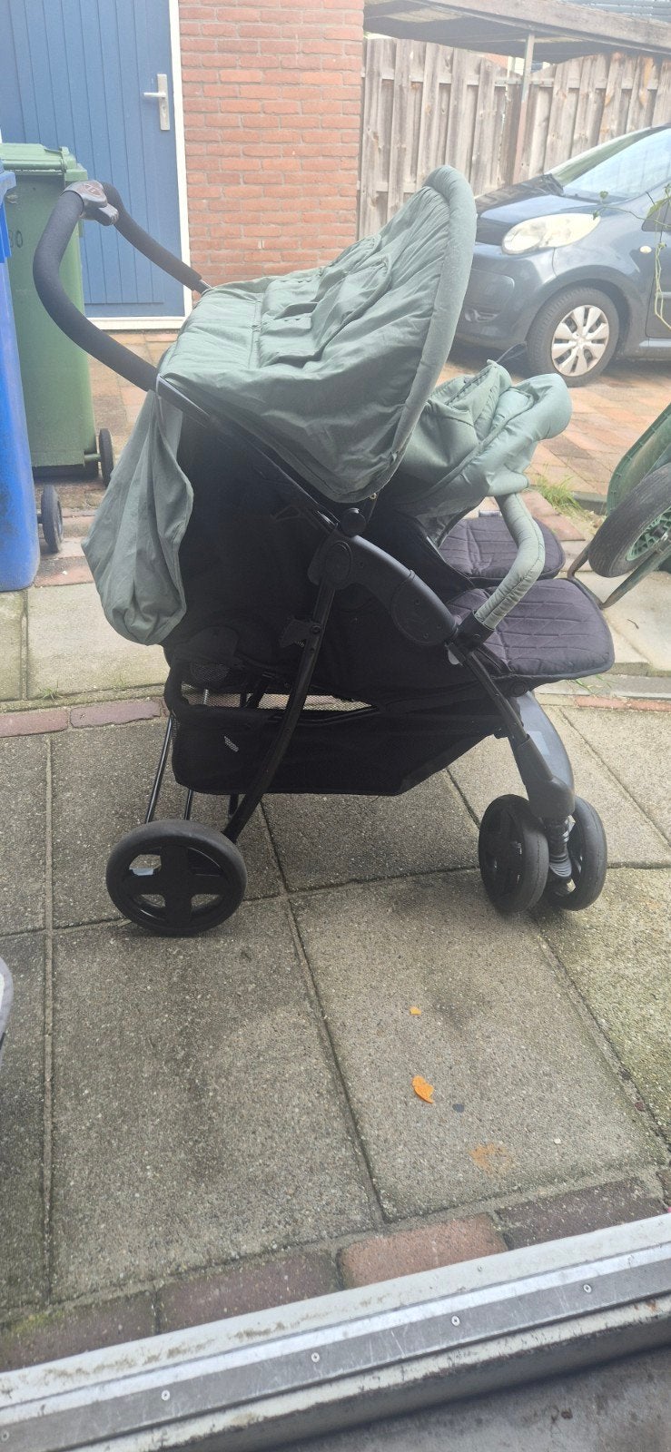 Duowagen - Groene tweeling kinderwagen, Gebruikt, Duowagen, Ophalen of Verzenden, Kinderwagen