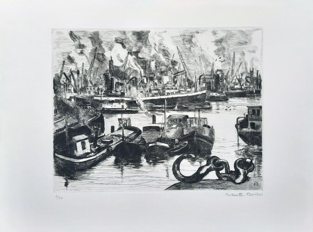 Oude haven 5/30 Kunstenaar: Jean-Eugène Bersier, Ophalen of Verzenden, Gesigneerd, Landschap, 20 cm