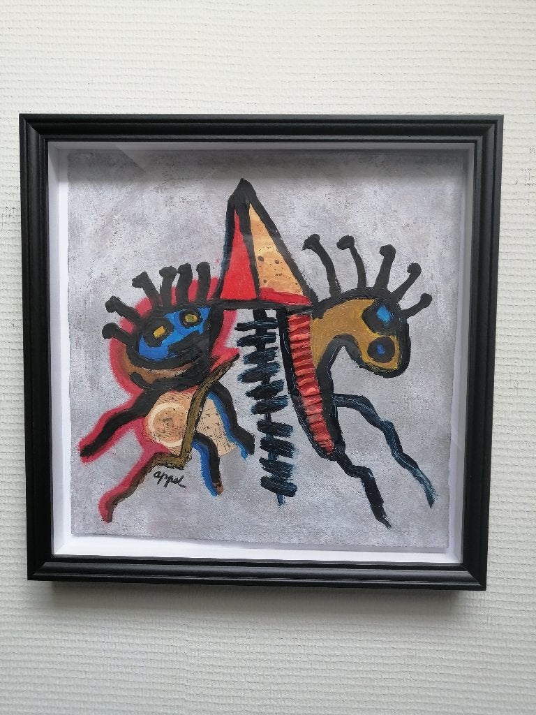 Origineel schilderij op dik papier  gesigneerd APPEL, Ophalen of Verzenden, Papier/karton, Ingelijst, Figuren