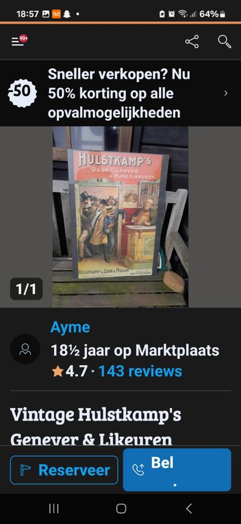 Vintage Hulstkamp's Genever & Likeuren Reclamebord, Ophalen