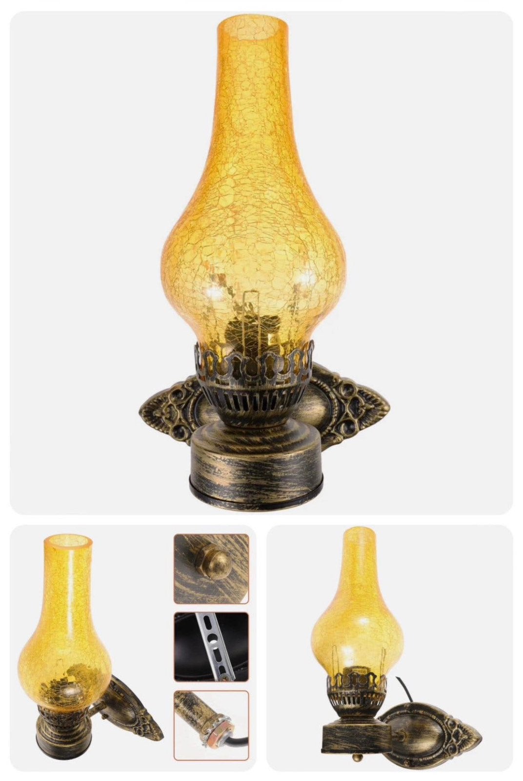 Wandlamp Industrieel olie-lamp lantaarn geel glas antiek set, P, P, P, Nieuw