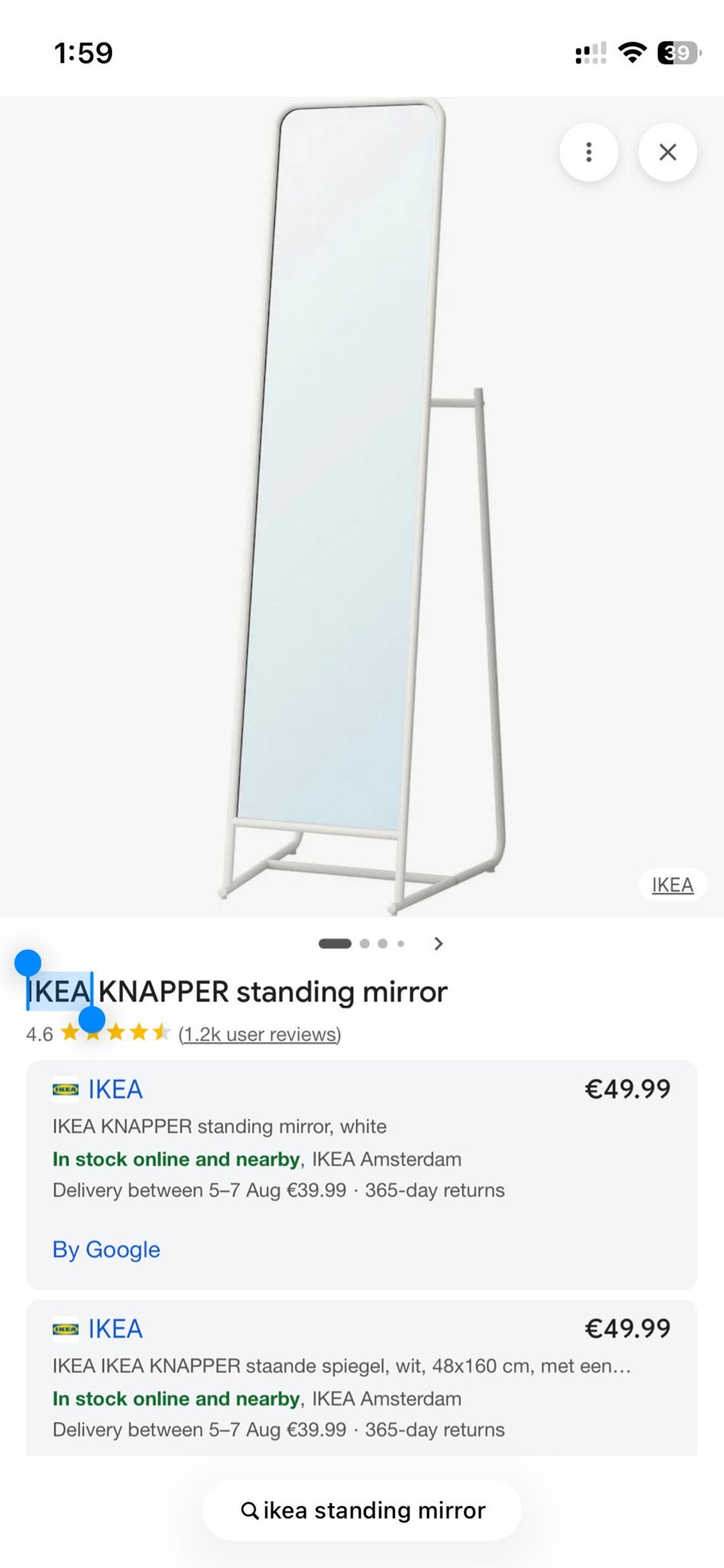 IKEA KNAPPER staande spiegel, wit, Ophalen, Rechthoekig, Minder dan 50 cm, 150 tot 200 cm