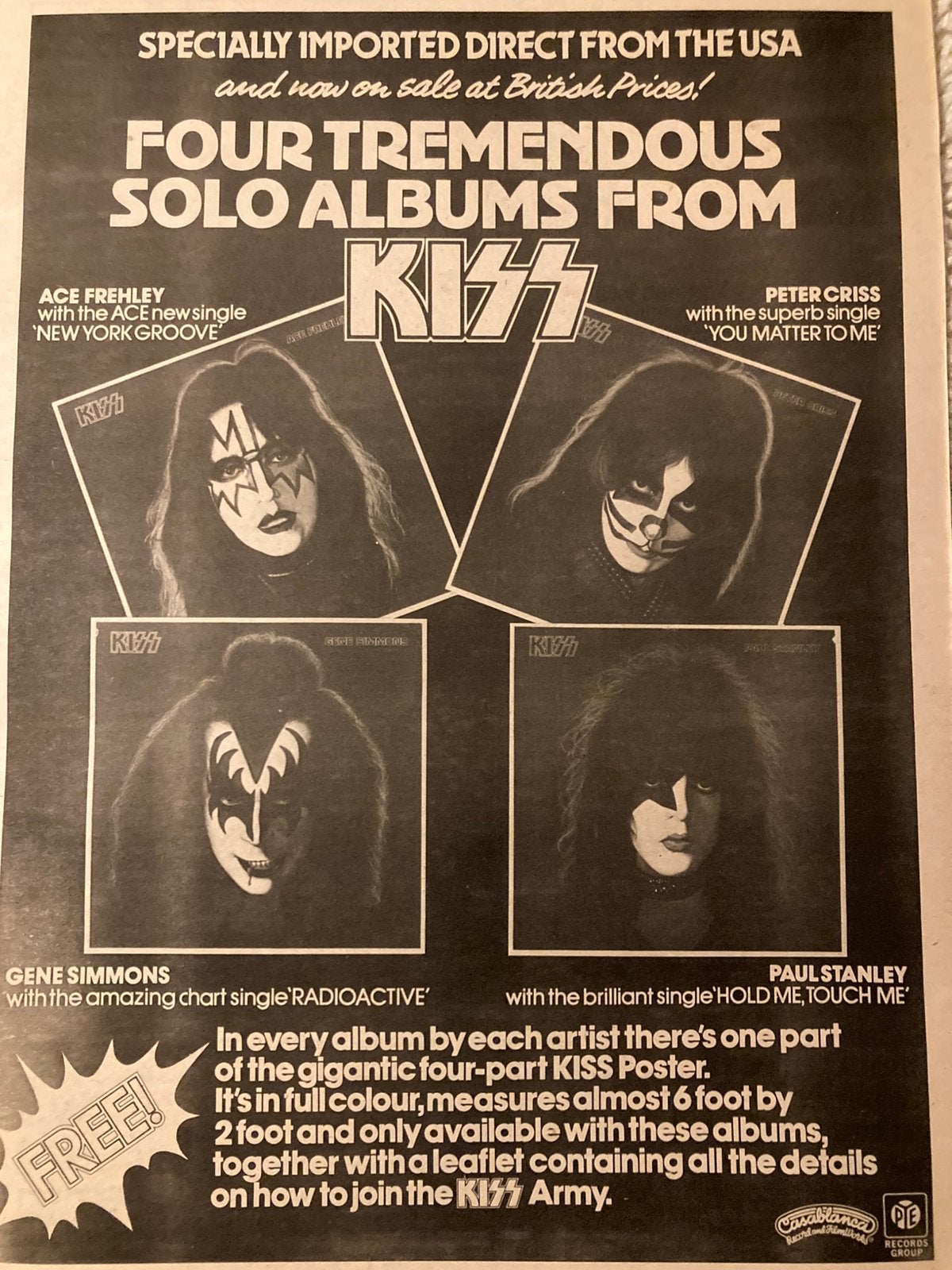 Paginagrote A3 advertentie KISS solo albums release, Ophalen of Verzenden, Zo goed als nieuw