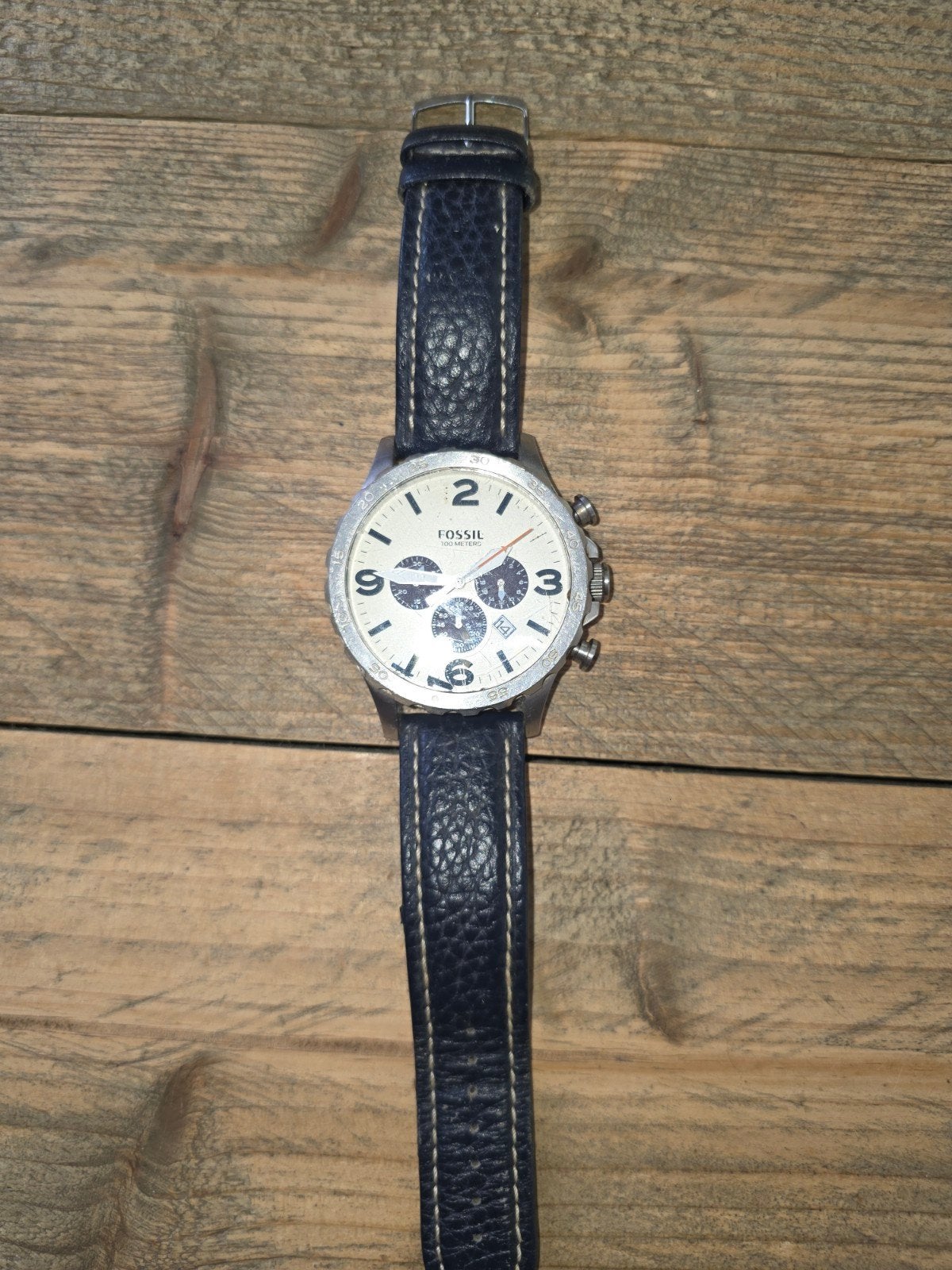 Fossil Herenhorloge met Donkerblauw Leren Bandje, Staal, Polshorloge, Ophalen of Verzenden, Leer