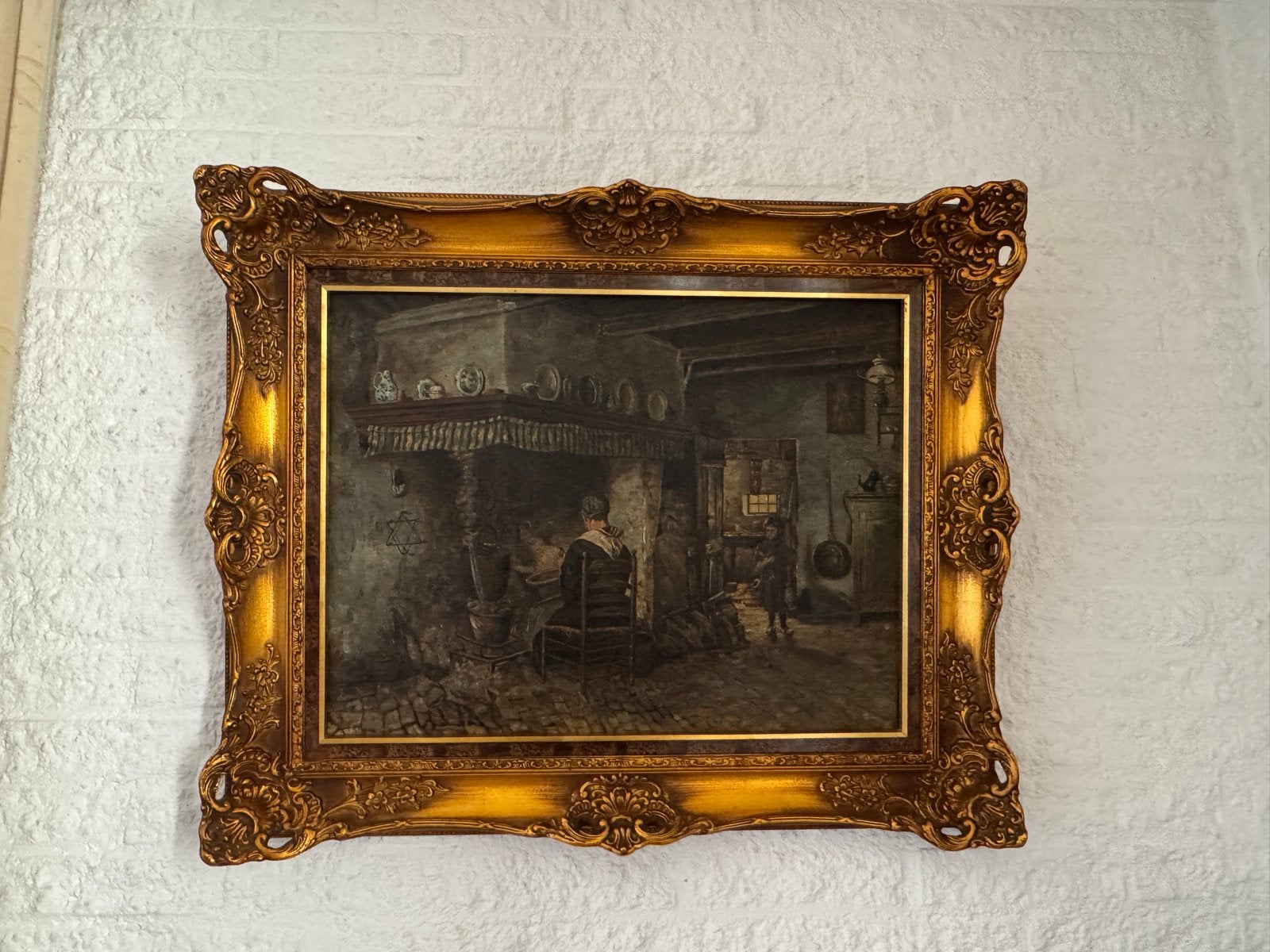 Klassiek Olieverfschilderij: Boereninterieur met Haard, Ophalen, Doek, Realistisch, Bijzondere lijst
