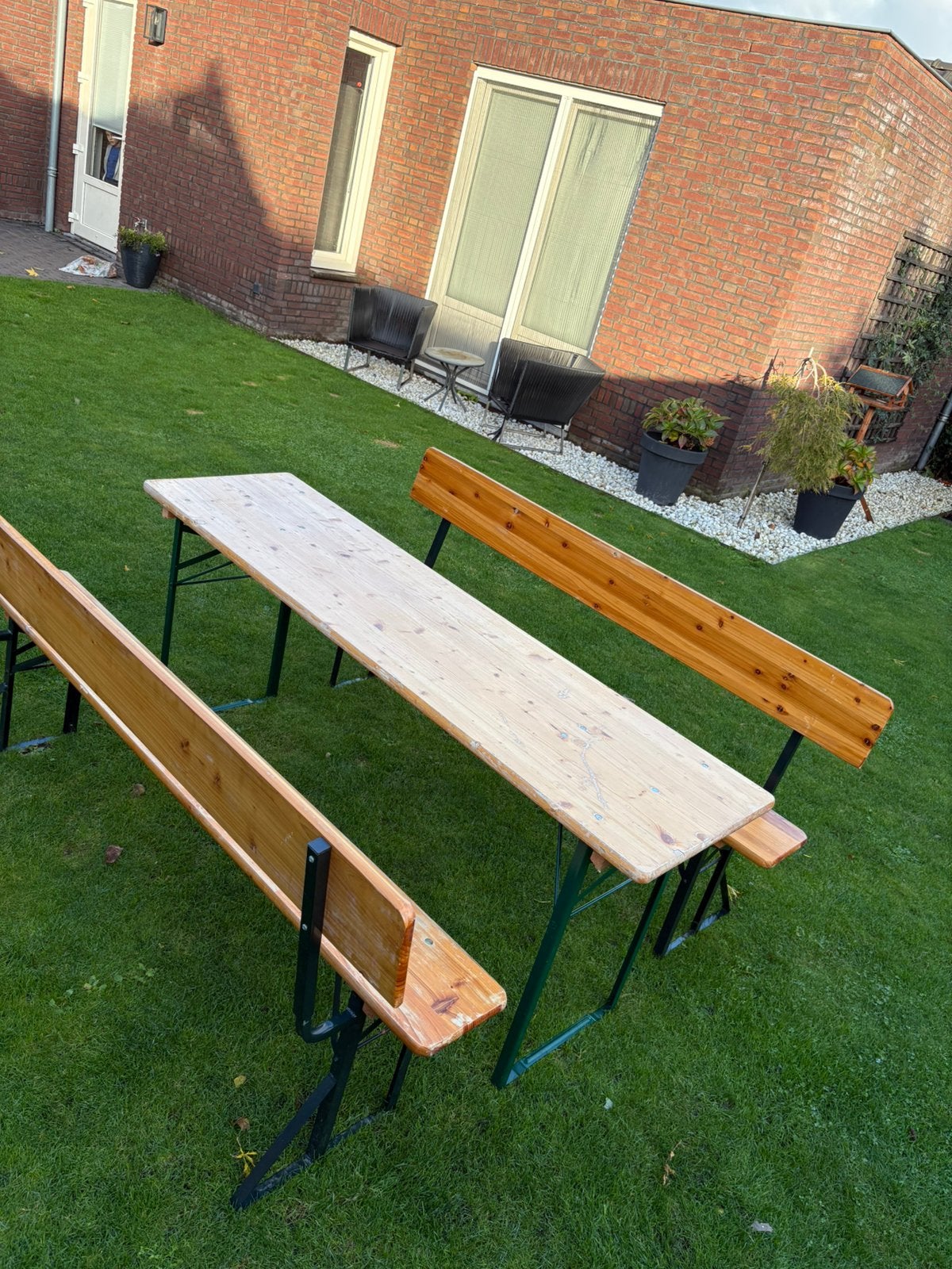 Luxe Biertafelset met Rugleuning – Inklapbaar (180x50 cm), Ophalen, Zo goed als nieuw, Inklapbaar, Rechthoekig