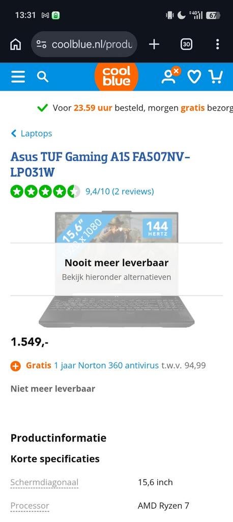 ASUS TUF A15| Ryzen 7 | RTX | 16GB | 500GB | High End |165HZ, Ophalen, Met videokaart, 500GB, AMD Ryzen 7735HS