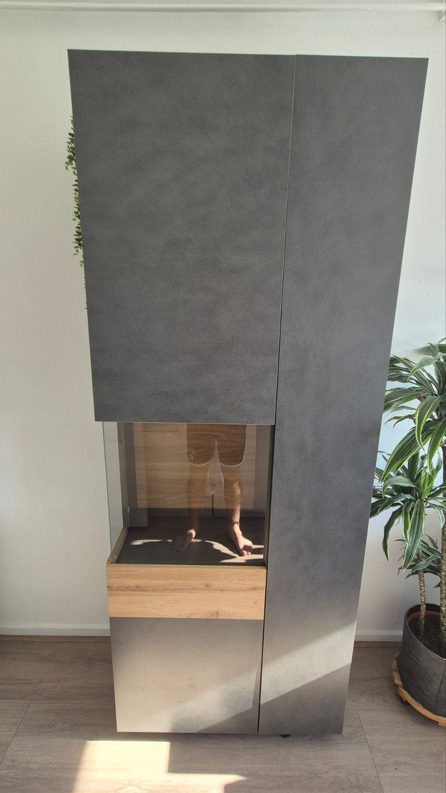 Moderne servieskast met glazen vitrine en houten accent, Ophalen, Zo goed als nieuw