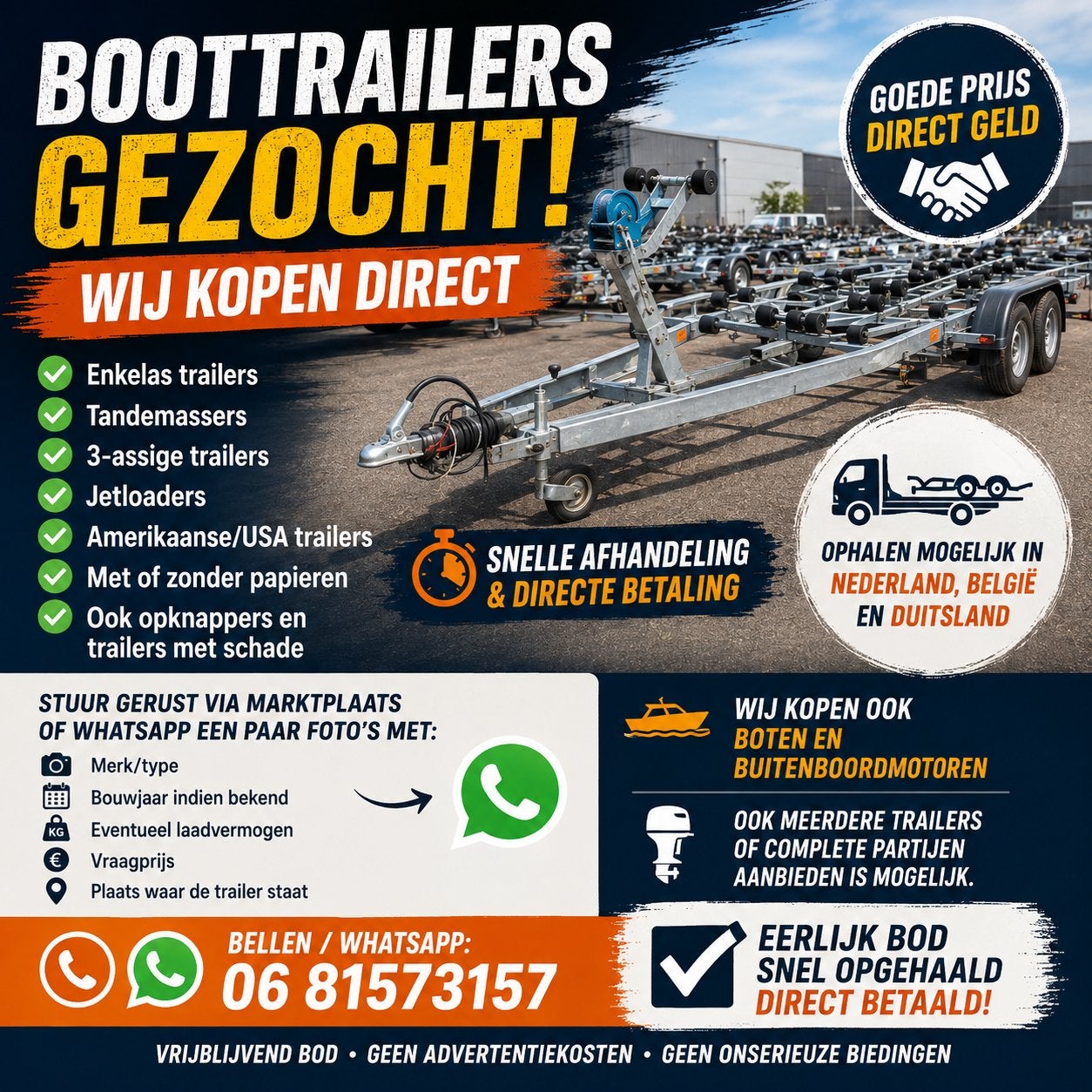🚨 Boottrailers Gezocht | Direct Bod & Snel Ophalen ✅, Ophalen, Gebruikt, 6 tot 9 meter, Overige typen