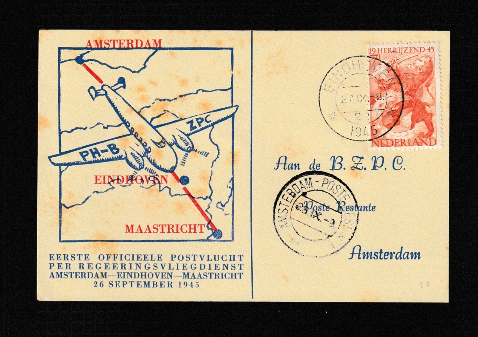 1945 1e Officiële Postvlucht Amsterdam-Eindhoven-Maastricht, Postzegels en Munten, Ophalen of Verzenden, Briefkaart