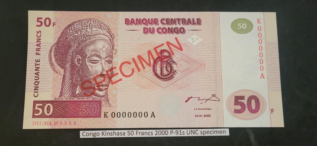 Congo Kinshasa 50 Francs 2000 P-91s UNC Specimen, Postzegels en Munten, Bankbiljetten | Azië, Ophalen of Verzenden