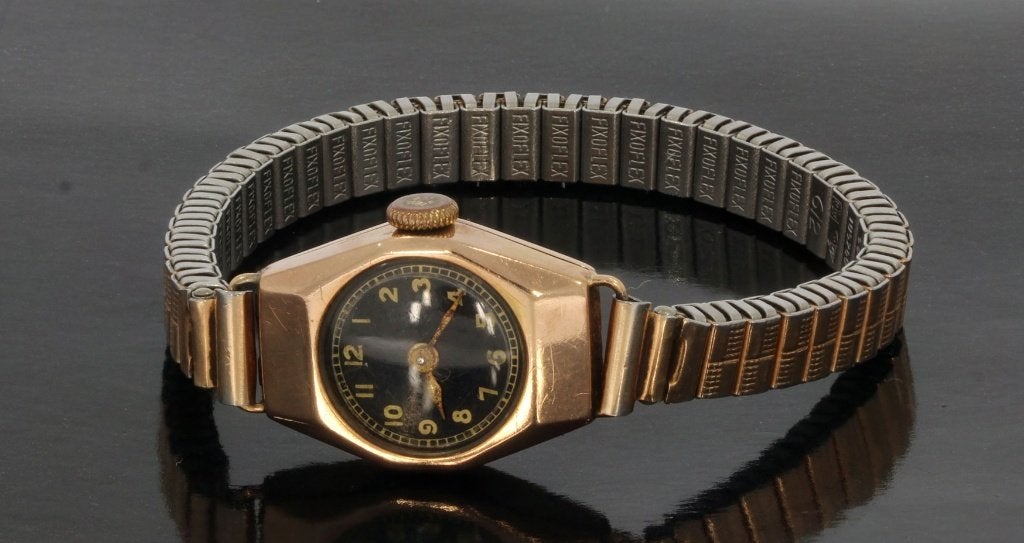 Gouden Art Deco pols horloge dames antiek flex band, Sieraden, Tassen en Uiterlijk, Antieke sieraden, Verzenden, Goud, Armband