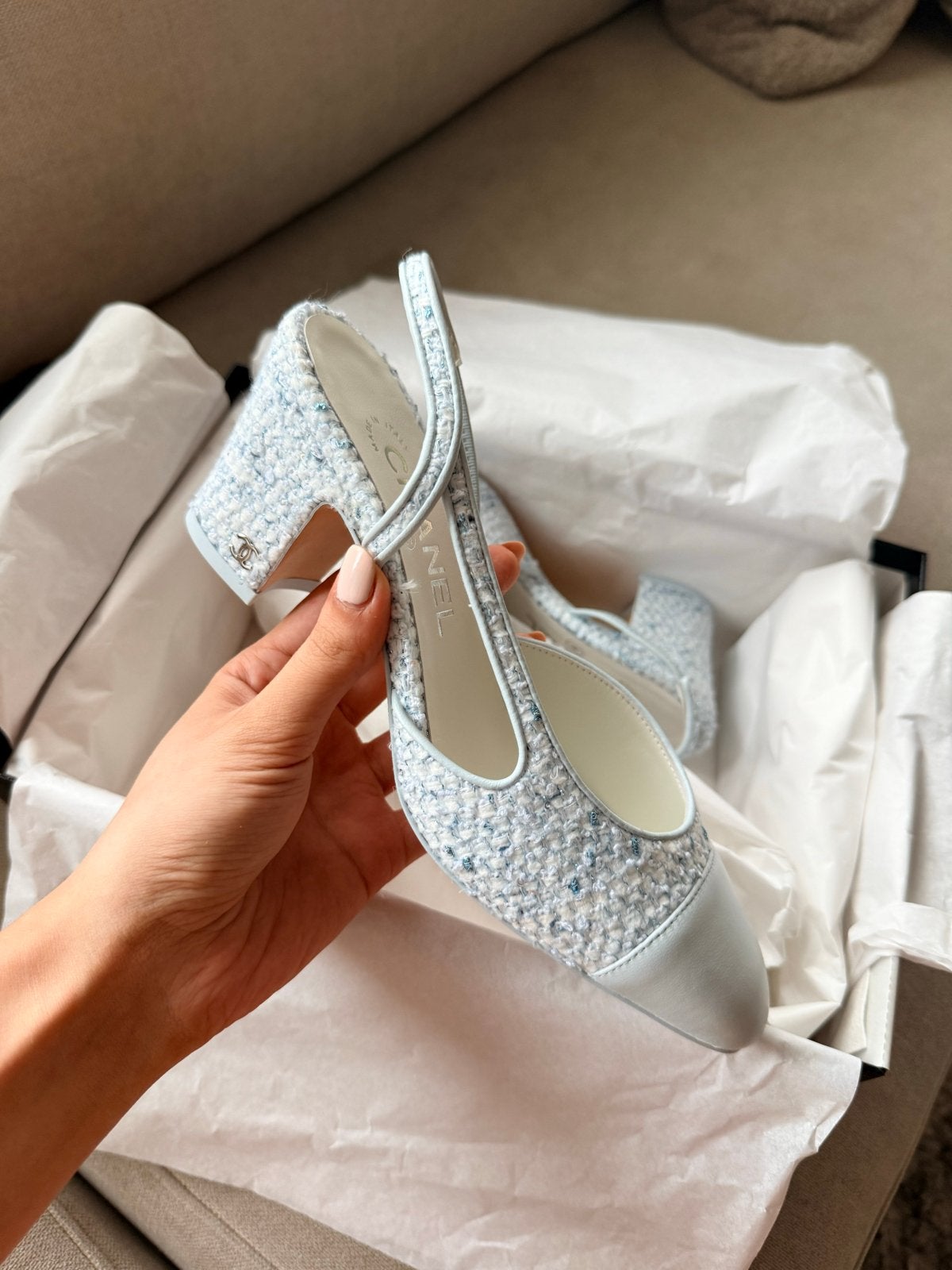 Chanel Tweed Slingback Hakken Maat 36.5C, Pumps, Blauw, Nieuw, Ophalen of Verzenden