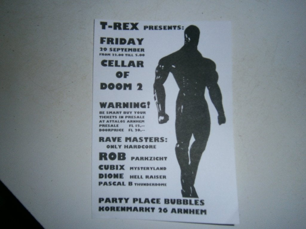 T-Rex presents Cellar Of Doom 2 – Bubbles Arnhem. 1995 Flyer, Verzamelen, Posters, Ophalen, Rechthoekig Staand, A4 of kleiner