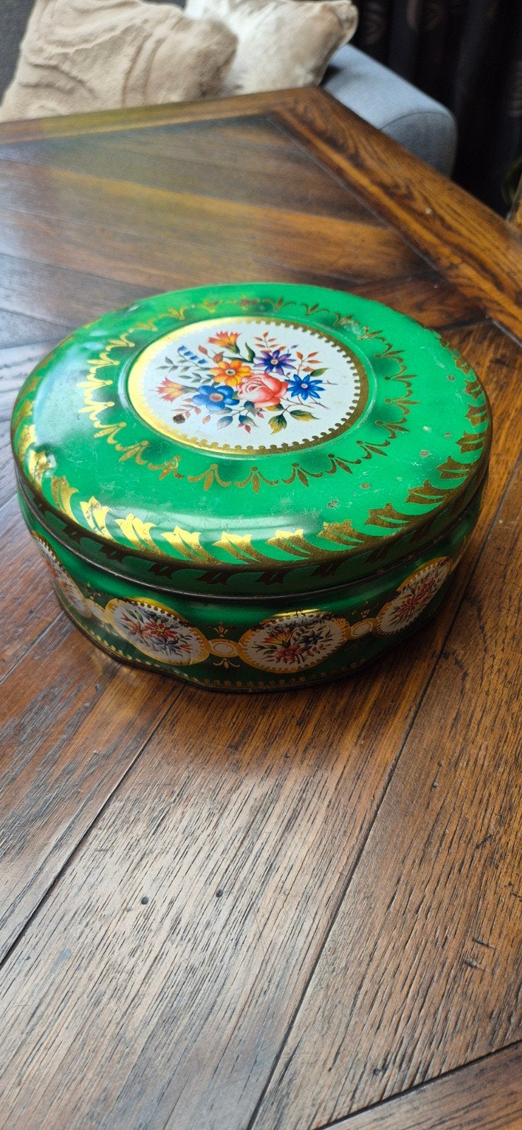 Vintage Parein Koekblik - Groen met Bloemenpatroon, Ophalen of Verzenden