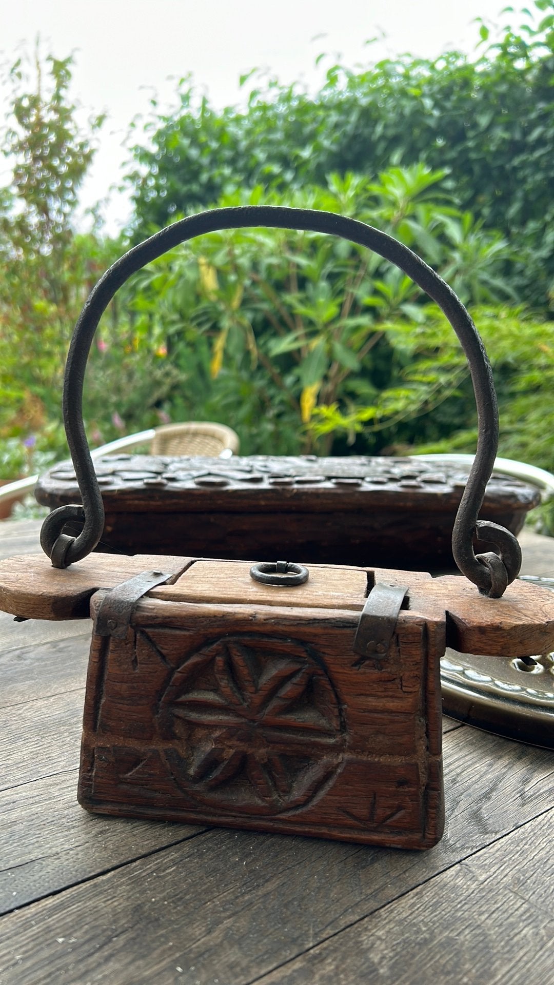 Oude India houten oliepot boterpot, Ophalen of Verzenden