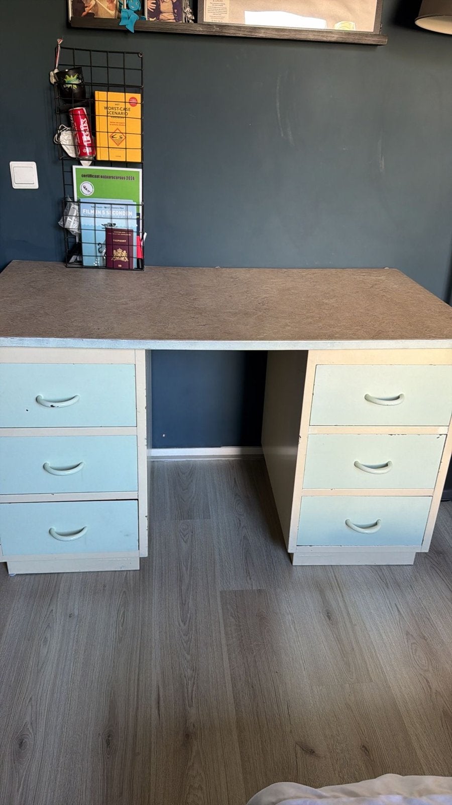 Vintage industrieel bureau met 6 laden, Ophalen, Overige typen, Gebruikt, Vintage