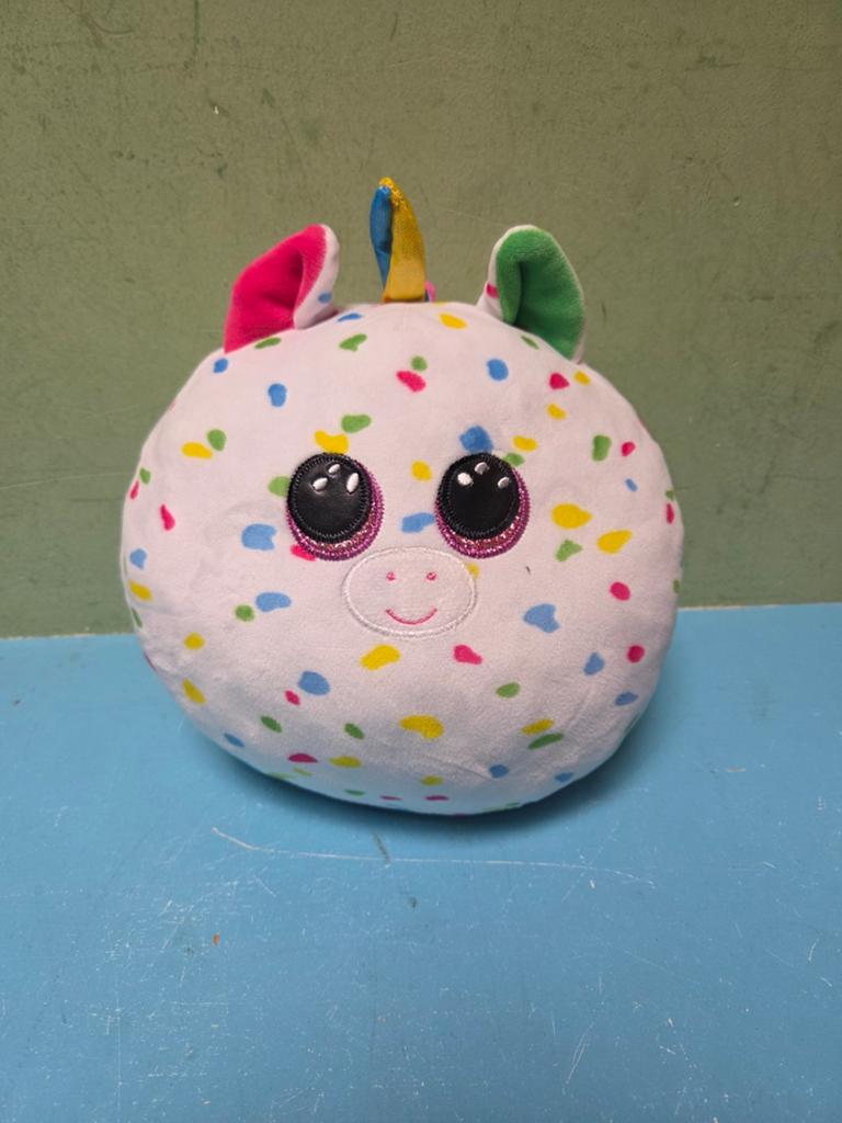 Leuke eenhoorn knuffel met confetti patroon, Eenhoorn, Ophalen of Verzenden, Zo goed als nieuw, Middelgroot (20 tot 80 cm)