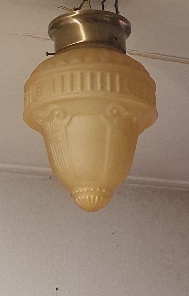 Vintage Art Deco plafondlamp met ivoorkleurig opaalglas, Ophalen, Gebruikt, E27 (groot), Glas