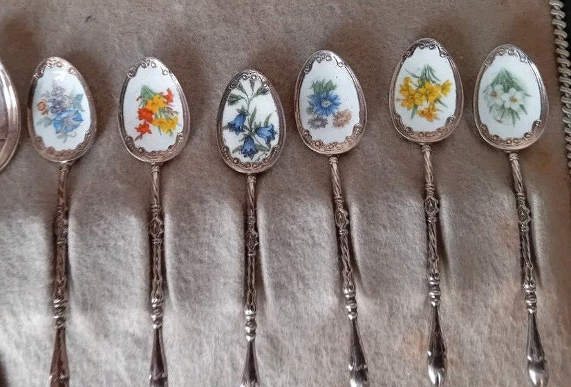 Set van verzilverde lepels met emaille bloemmotief, Ophalen of Verzenden