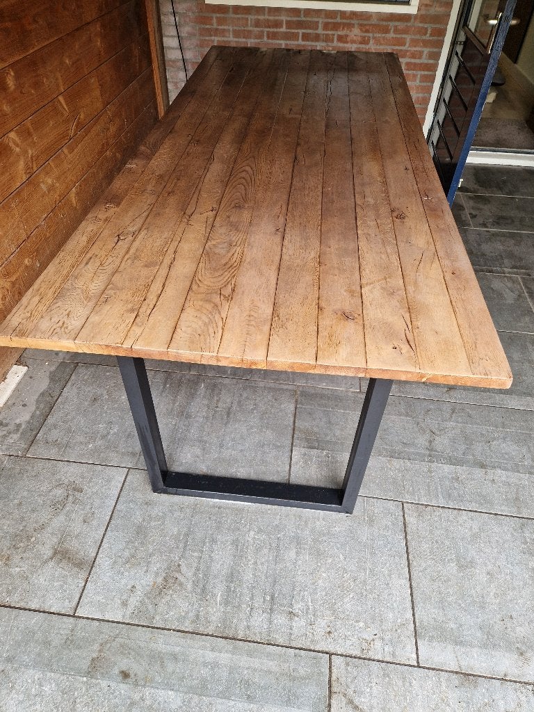 Mooie massief houten eettafel 240 x 100 cm + 3 stoelen, Ophalen, Gebruikt, 100 tot 150 cm, 200 cm of meer