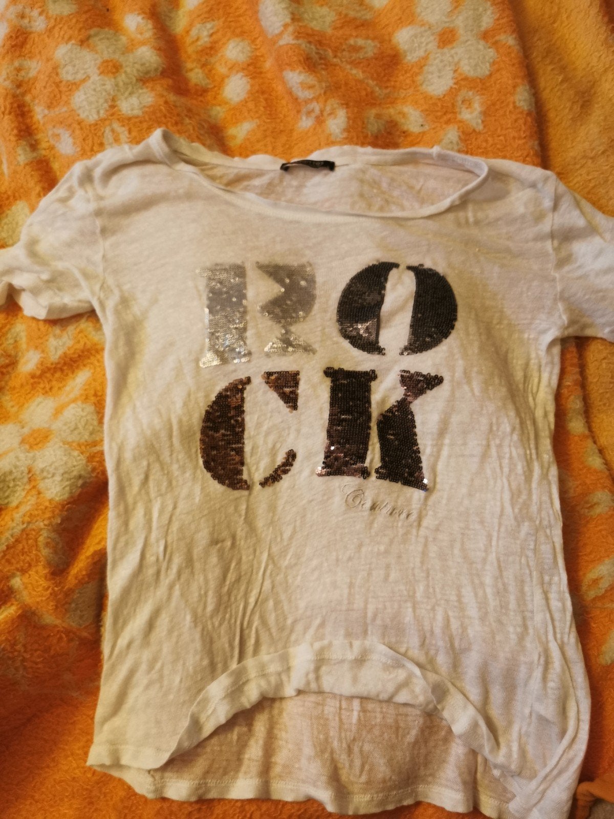 Margittes wit T-shirt met 'ROCK' opdruk pailletten, Maat 38/40 (M), Wit, Margittes, Ophalen of Verzenden