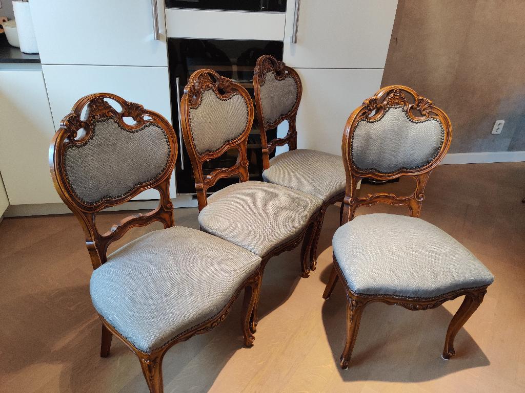 4 Louis XV/Barok stoelen met prachtige, zware kwaliteit stof, Huis en Inrichting, Ophalen, Overige materialen, Gebruikt, Bruin