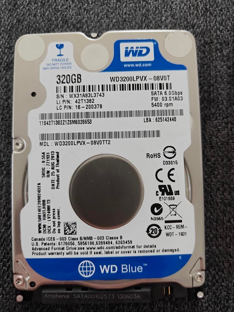 Aangeboden : WD Blue HDD 2.5" 320GB SATA 6.0Gbps, Computers en Software, Harde schijven, Intern, Gebruikt, 320GB, Laptop