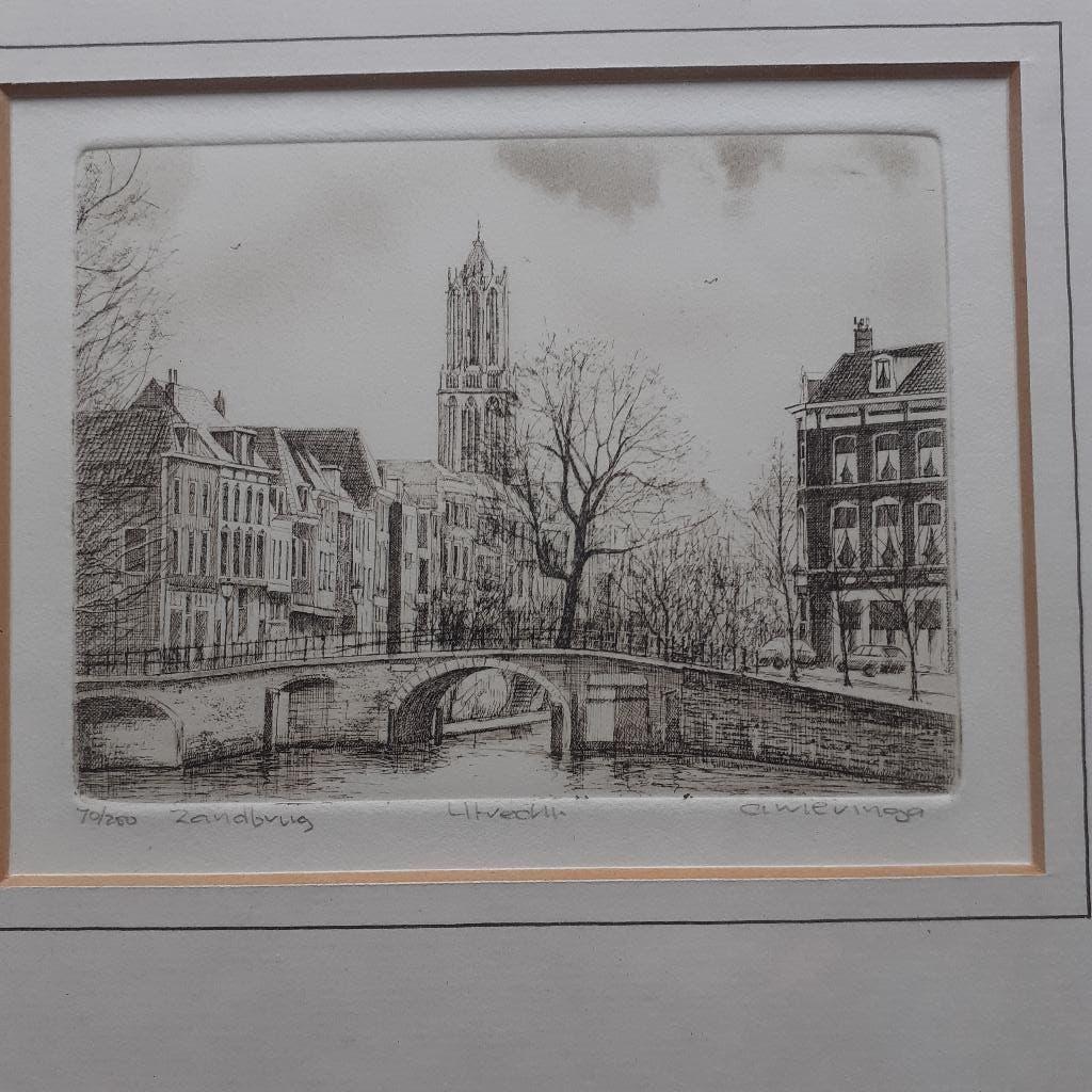 Albertus Wieringa  -  Zandbrug - Utrecht  -  ets., Antiek en Kunst, Stadsgezicht, 9 cm, Ophalen of Verzenden, 12 cm