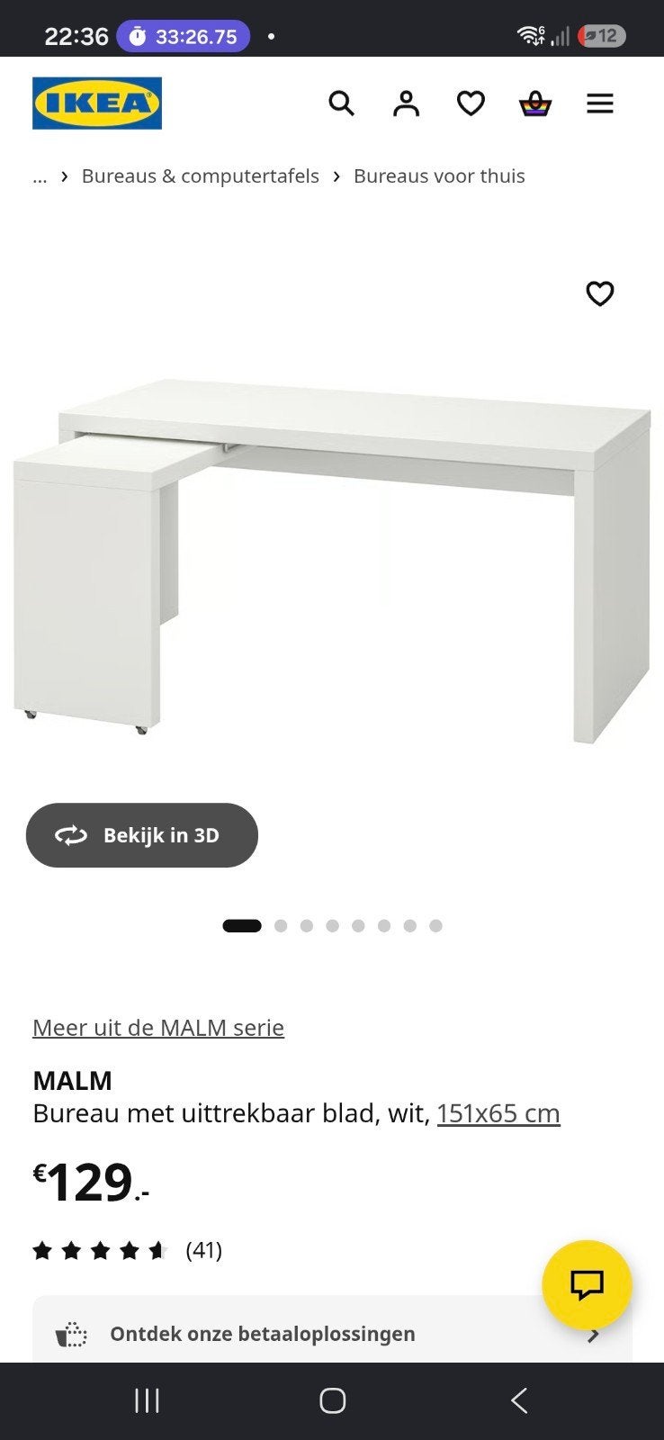 IKEA MALM Bureau met uittrekbaar blad, wit, 151x65 cm, Ophalen, Demontabel, Gebruikt, IKEA