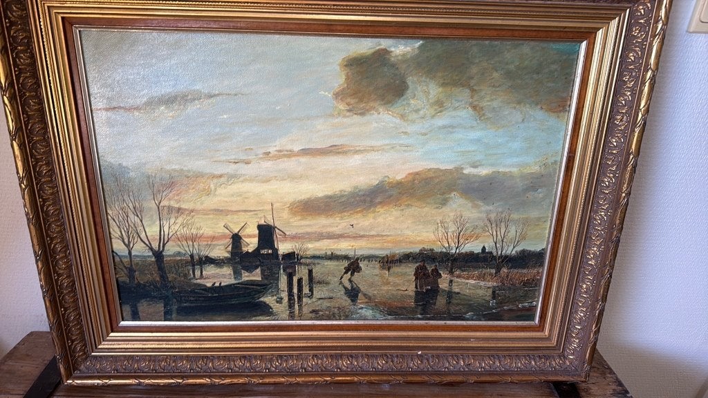 Prachtig Winterlandschap schilderij, Ophalen, Doek, Oud hollands, Landschap