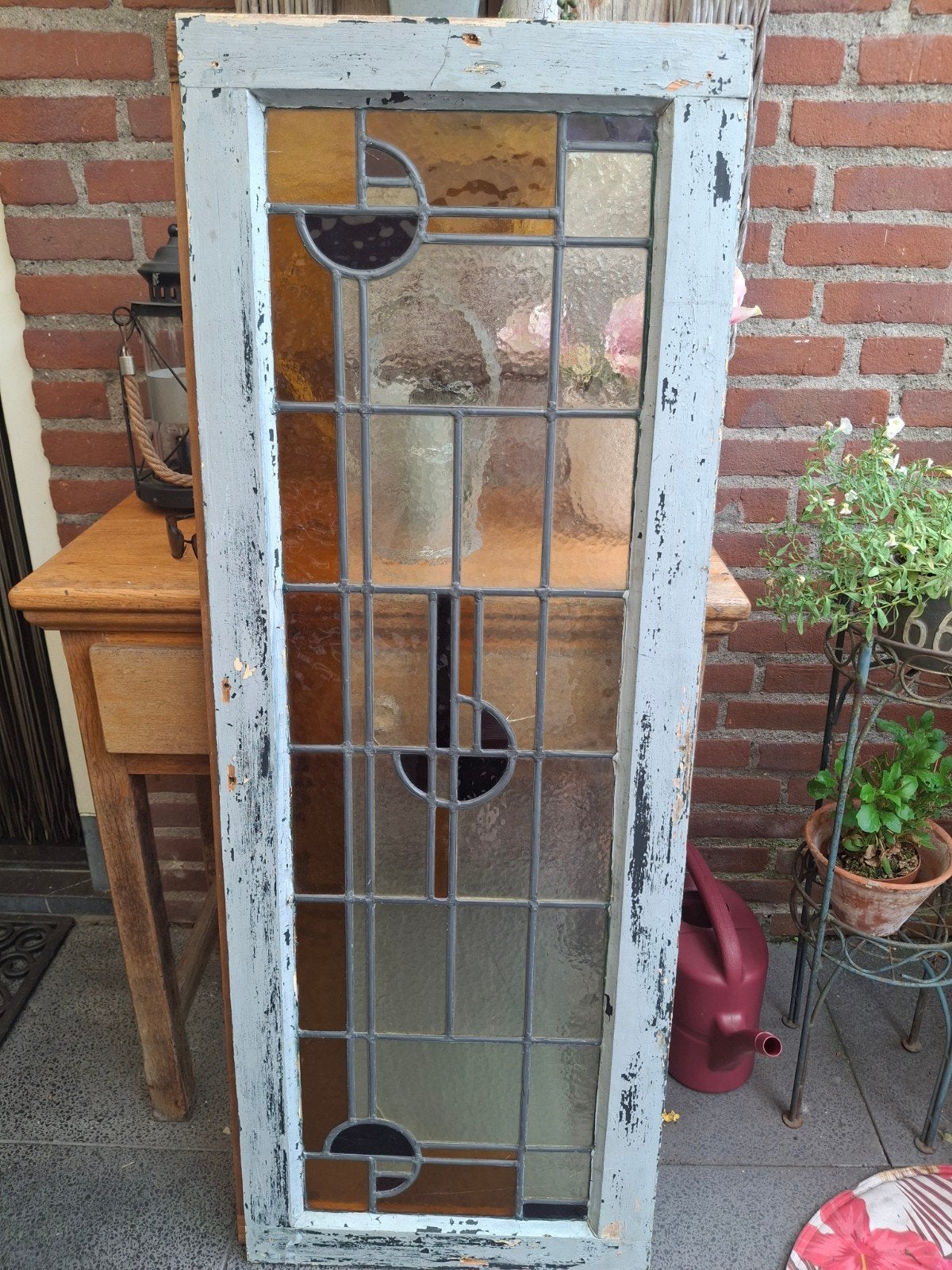 Antiek Glas in Lood Raam - 120x45 cm, Gevelraam of Ruit, Gebruikt, Minder dan 80 cm, Glas in lood