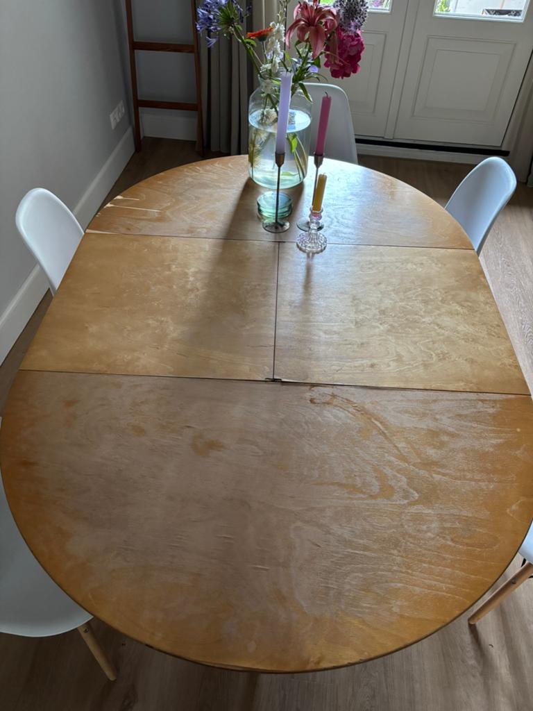 Houten inklapbare ronde/ ovale eettafel te koop, Huis en Inrichting, Tafels | Eettafels, Ophalen, Gebruikt, 100 tot 150 cm, Rond