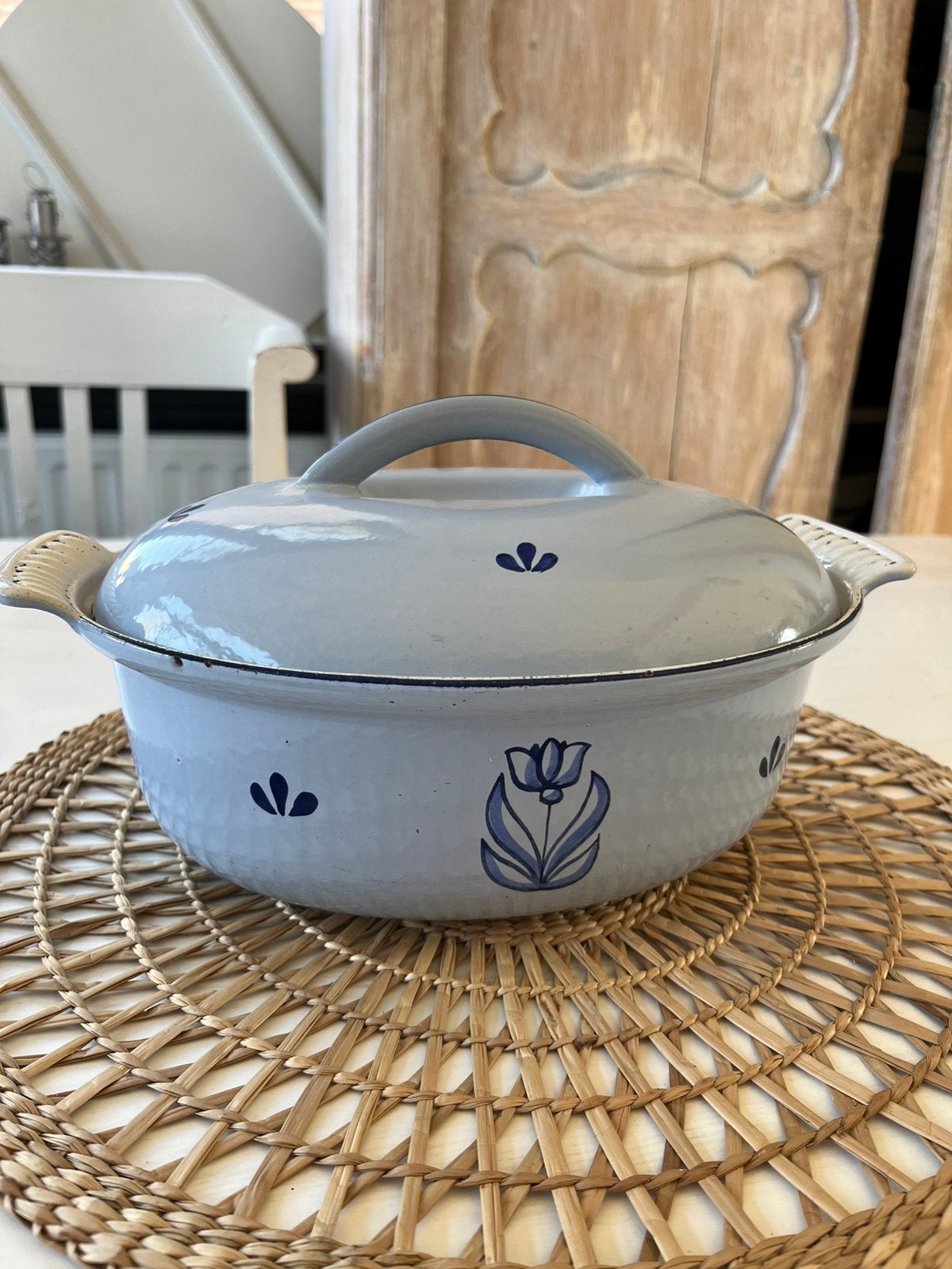 Prachtige vintage gietijzeren pan”Blue Tulip” vintage DRU g, Ophalen of Verzenden