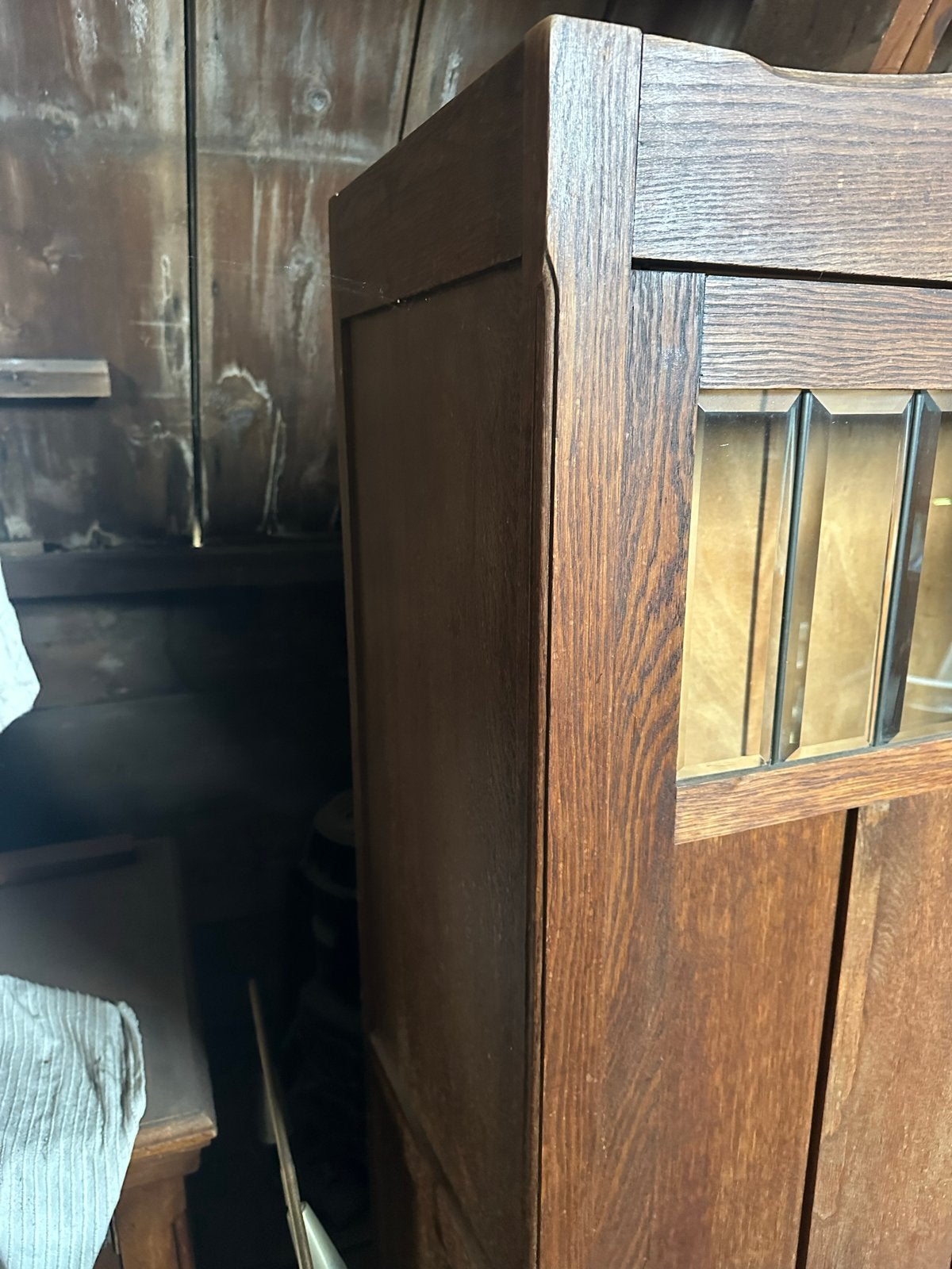 Antieke eikenhouten kast met deuren met geslepen glas, Antiek en Kunst, Ophalen