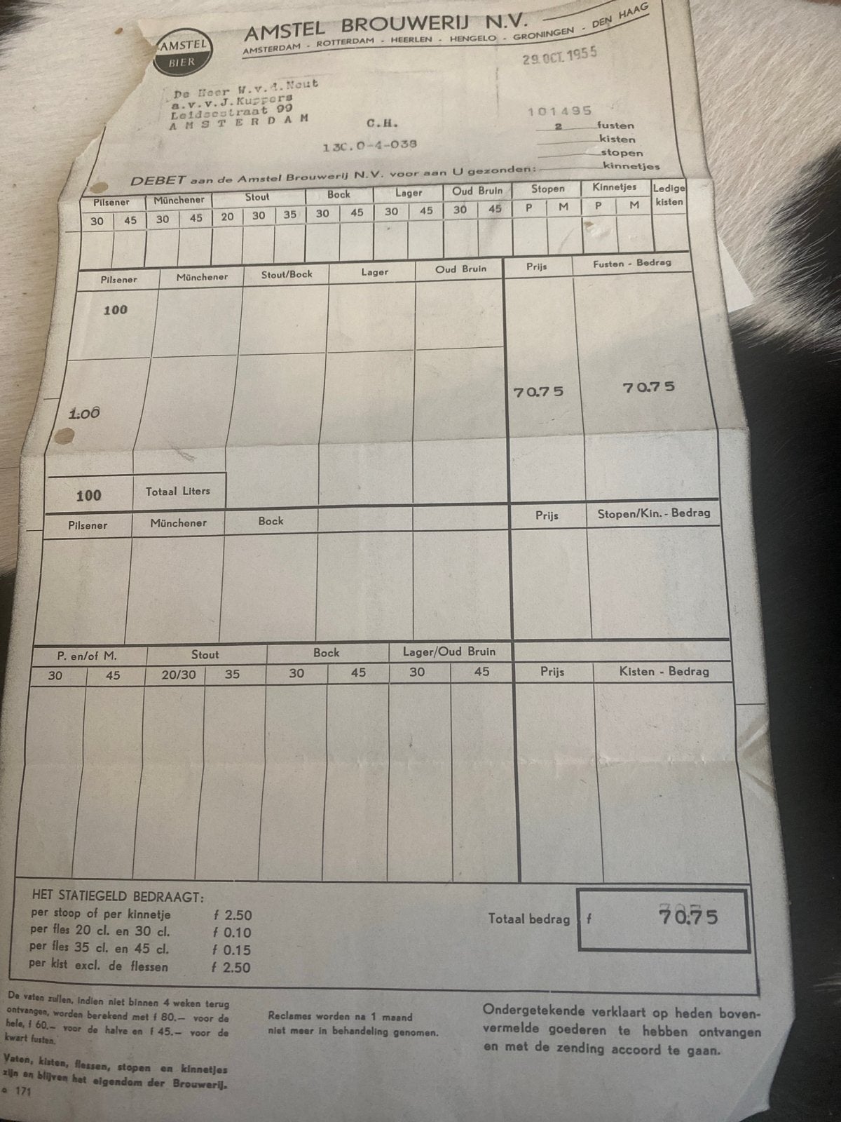 Oude factuur Amstel Brouwerij N.V. - 29 oktober 1955, Ophalen, 1940 tot 1960, Nederland, Knipsel(s)