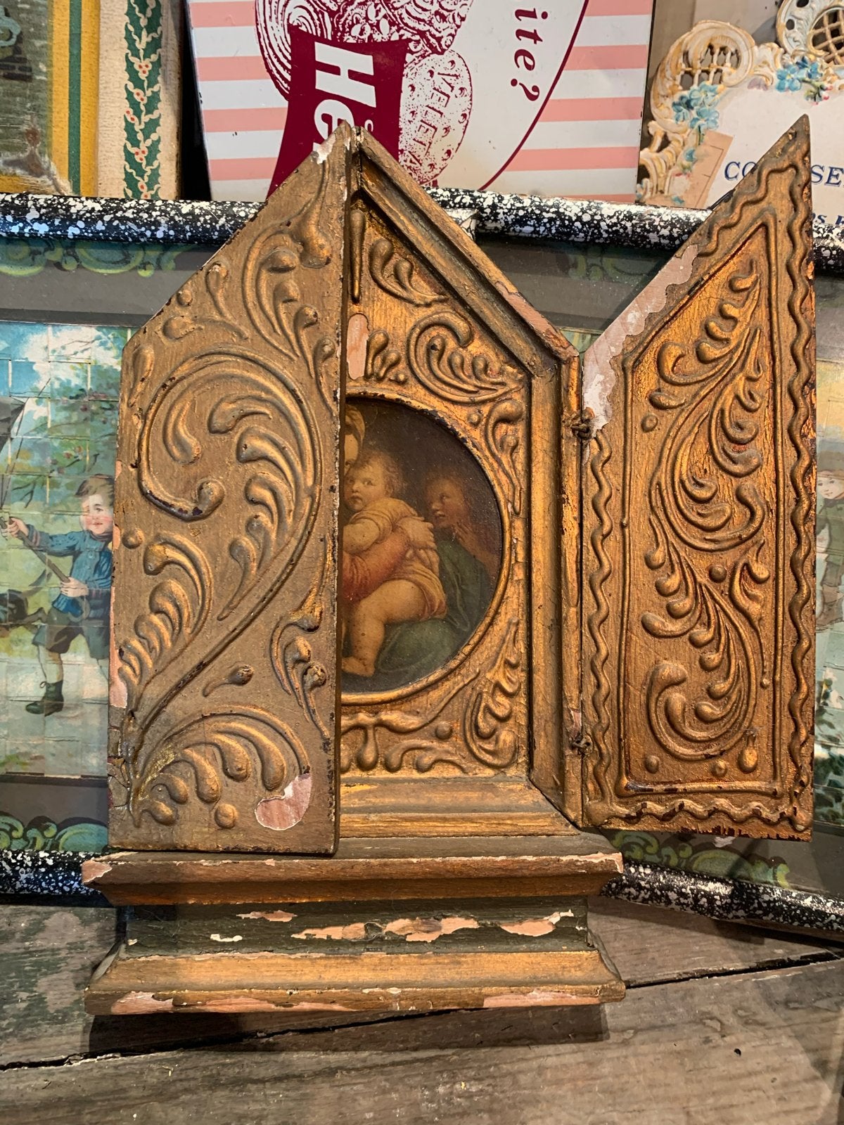 Antiek Reisaltaar Bois Doré met Religieuze Afbeelding, Antiek en Kunst, Antiek | Religie, Ophalen of Verzenden