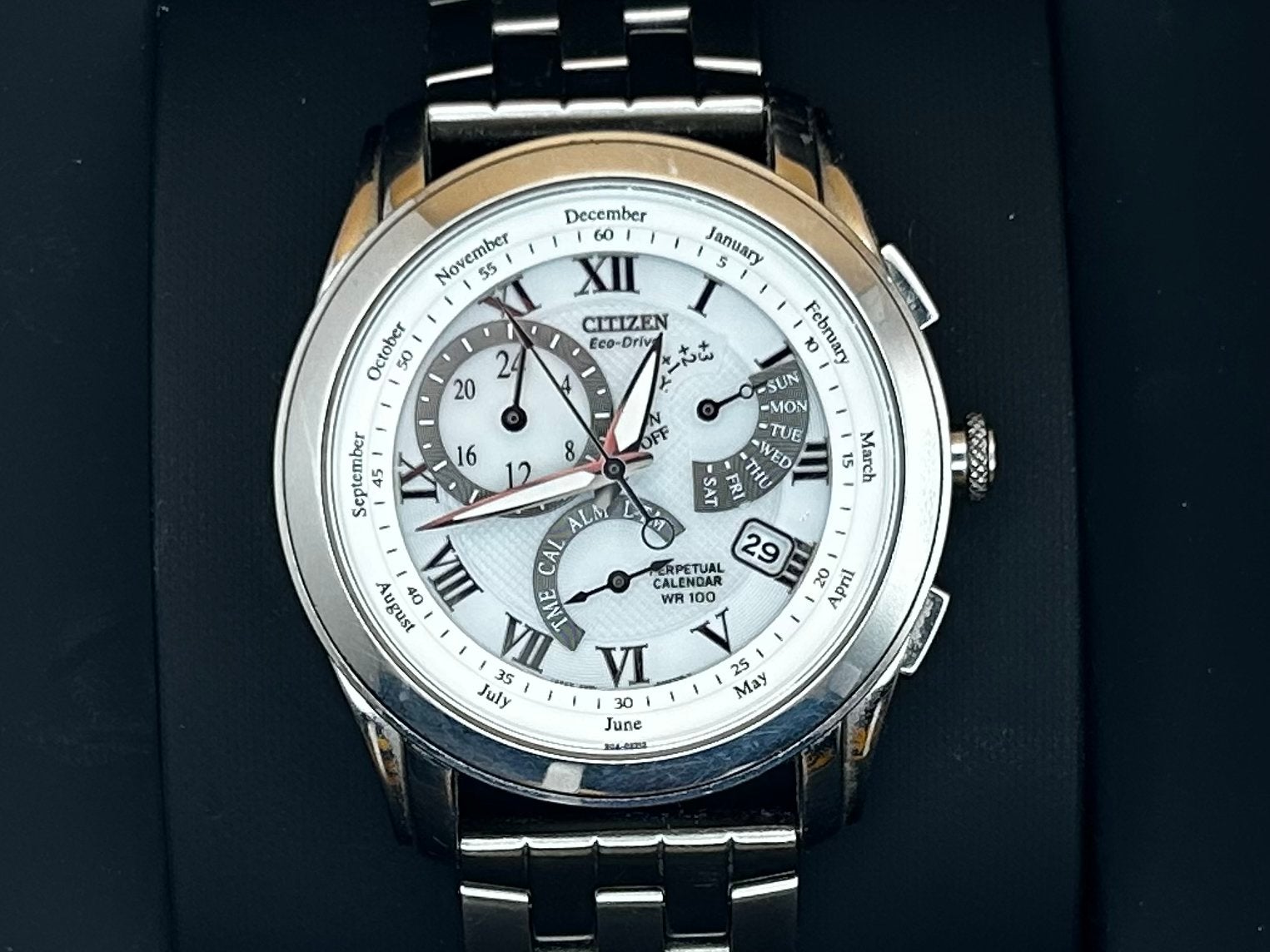 Citizen Eco-Drive Perpetual Calendar WR100 Herenhorloge, Ophalen of Verzenden, Waterdicht, Gebruikt, Wit