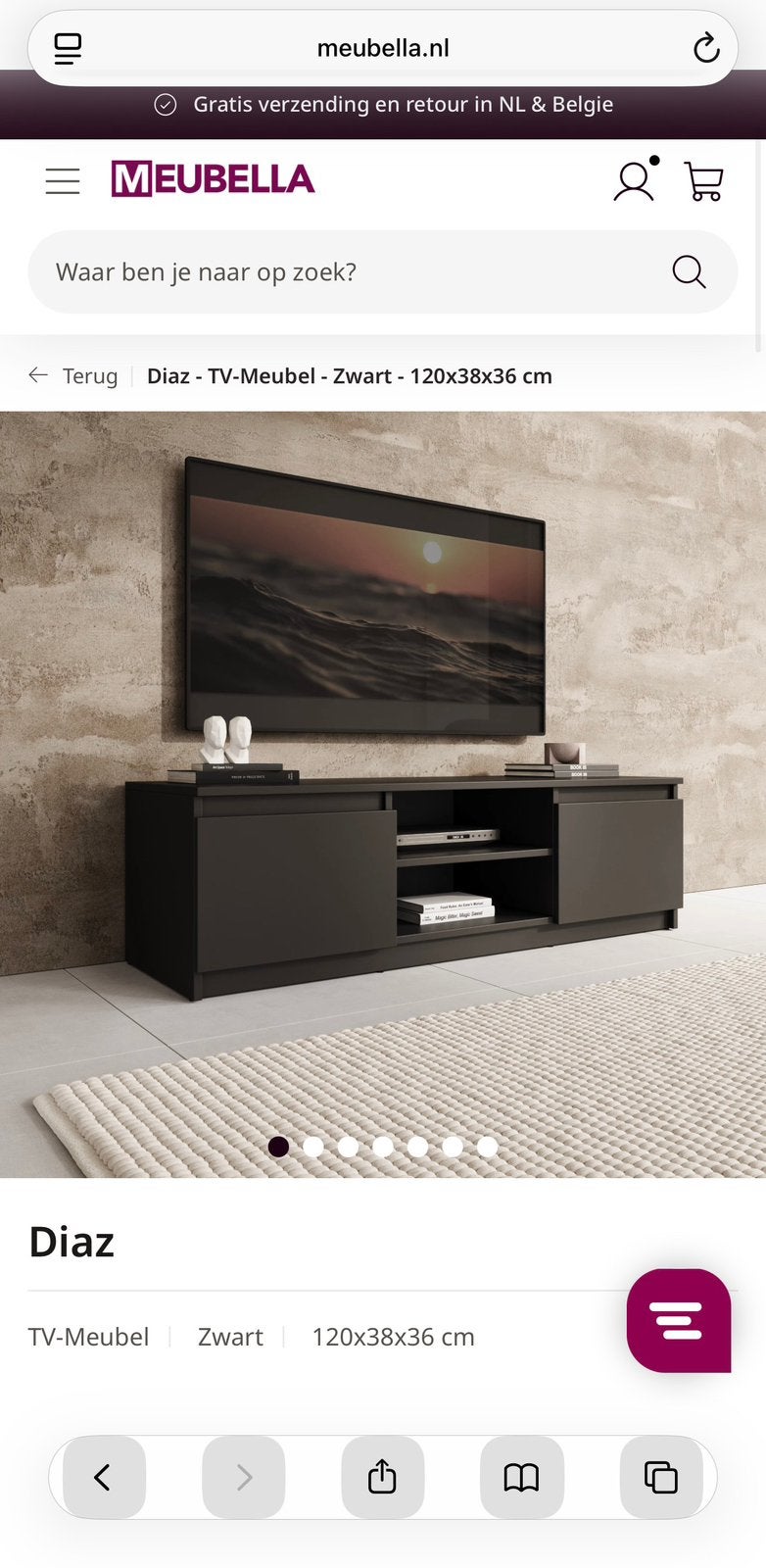 Zwart tv-meubel Diaz van Meubella (120x38x36cm), Ophalen, 100 tot 150 cm, Zo goed als nieuw, Minder dan 100 cm