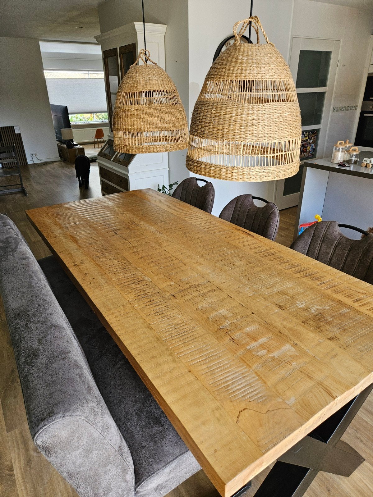 Robuuste 6-persoons eettafelset - 220x100x80 cm, Overige houtsoorten, Gebruikt, 200 cm of meer, Vijf personen of meer