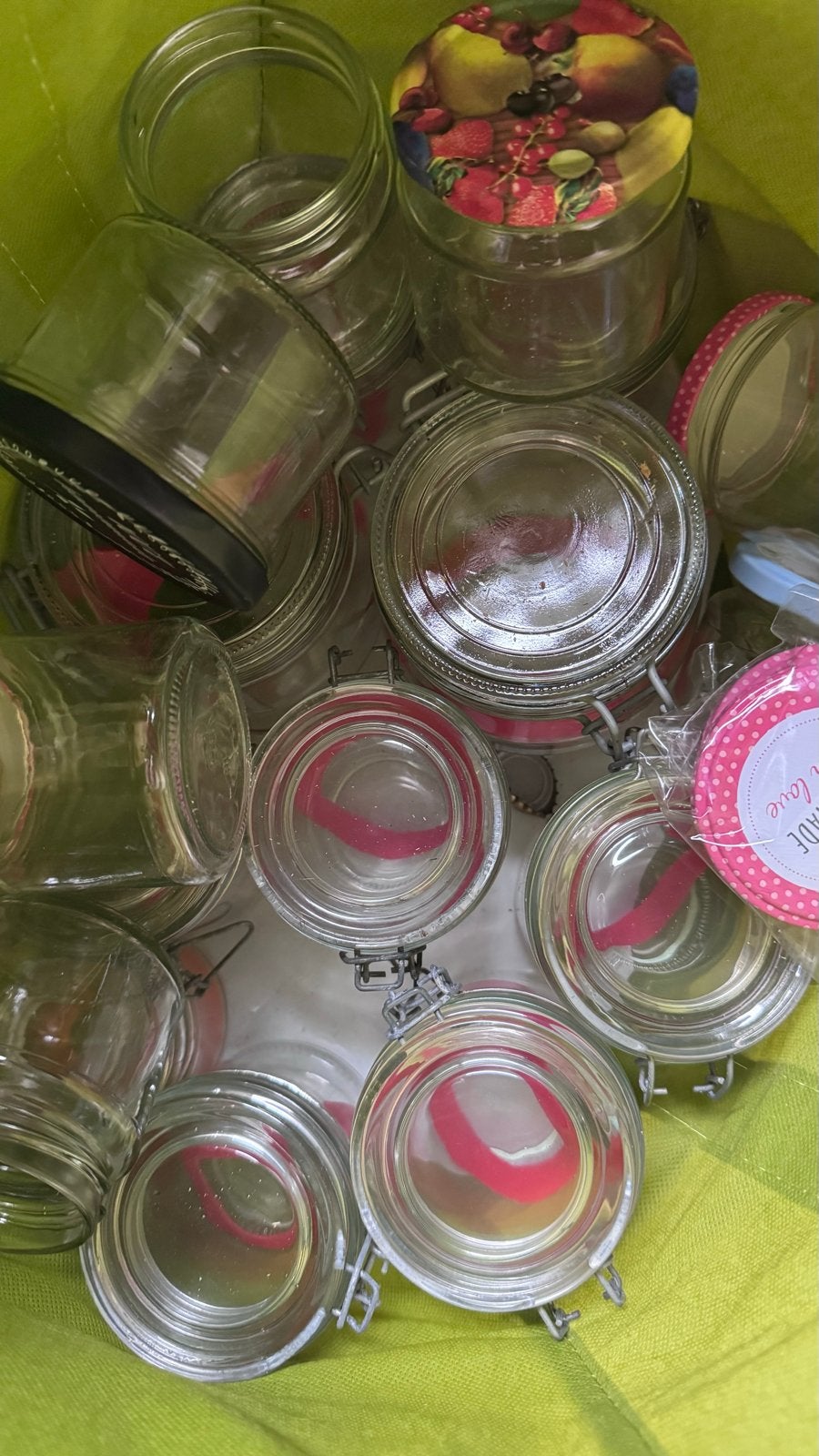 Twee tassen vol glazen weckpotten en jampotjes, Voorraadpot, Ophalen, Zo goed als nieuw, Glas