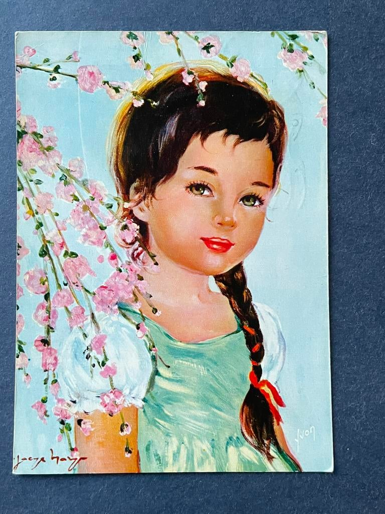 Meisje bij roze bloesem illustrateurs, Antiek en Kunst, Ophalen of Verzenden