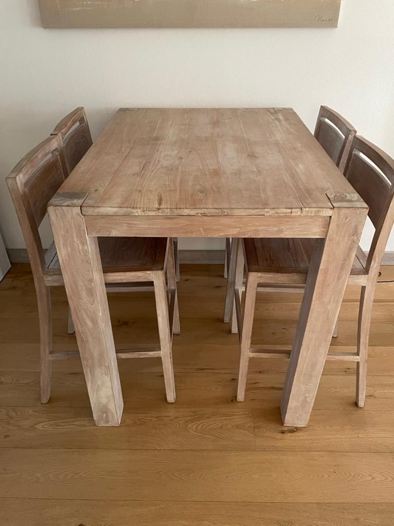Teak houten bartafel met white wash - 120x90x99cm, Ophalen, Zo goed als nieuw, 4 tot 6 stoelen