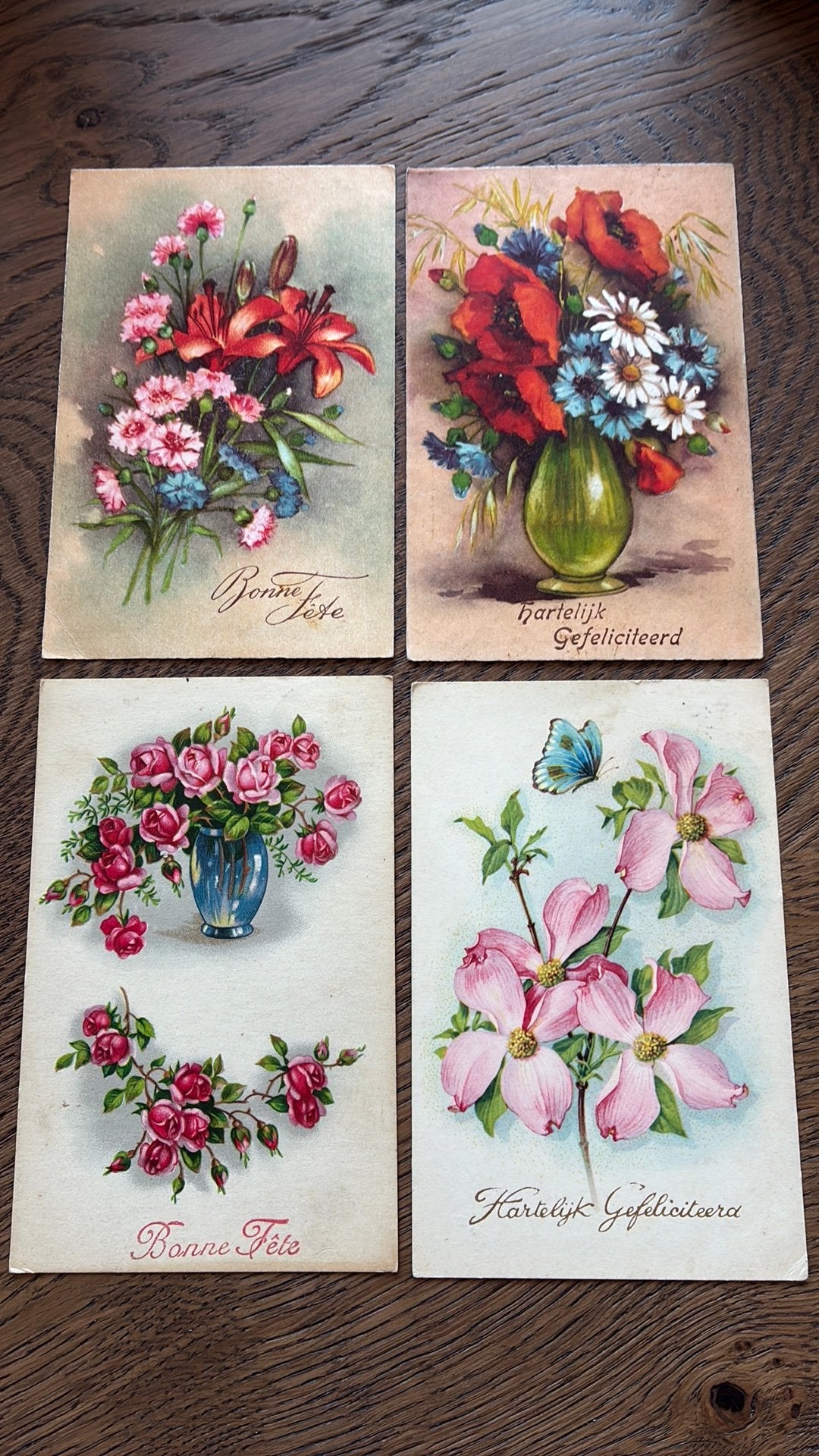 Gefeliciteerd.4 kaarten bloemen.Roos/klaproos/margriet/etc, Verzamelen, Ansichtkaarten | Themakaarten, Ophalen of Verzenden, Gelopen