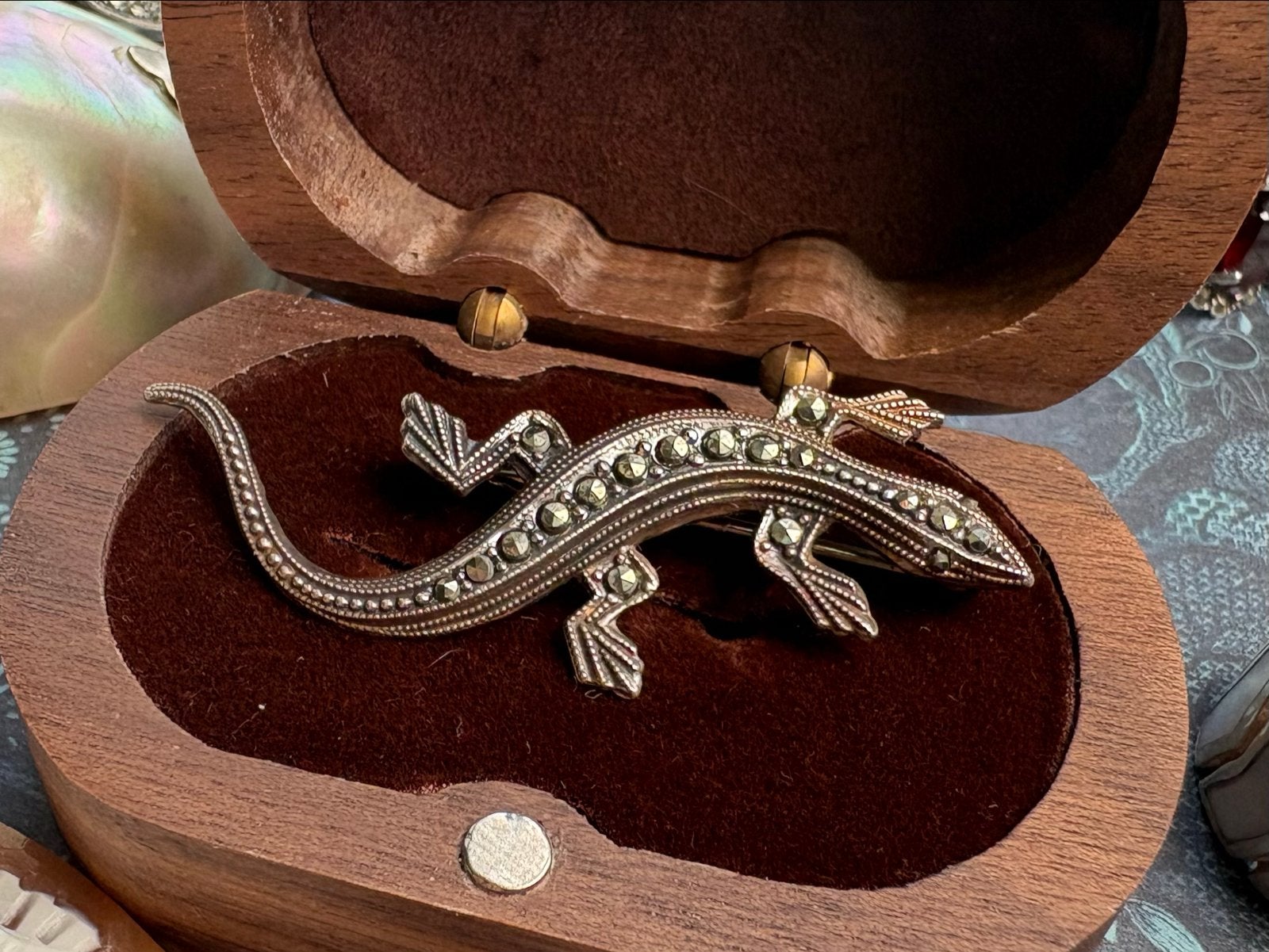 Vintage 835 zilveren hagedis broche met marcasiet, 4 tot 7 cm, Ophalen of Verzenden, Zo goed als nieuw, Zilver
